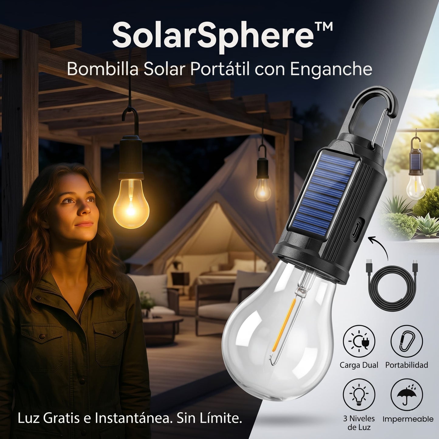 SolarSphere™ – Bombilla Solar Portátil con Enganche
