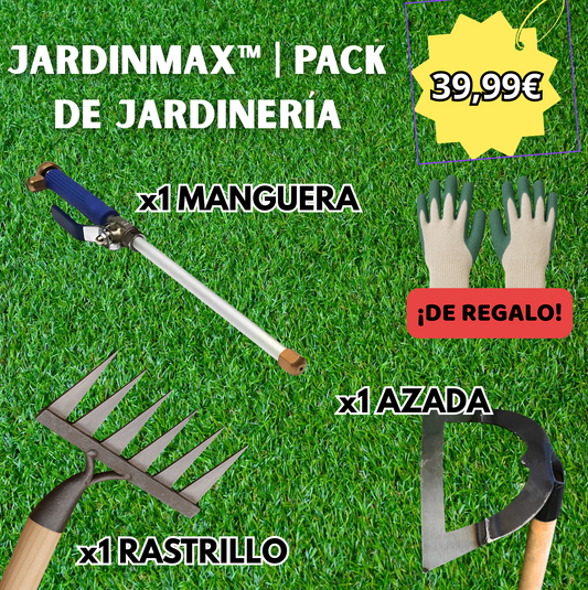 JardinMax™ | Pack de Jardinería (Azada, Rastrillo, Manguera + Guantes)