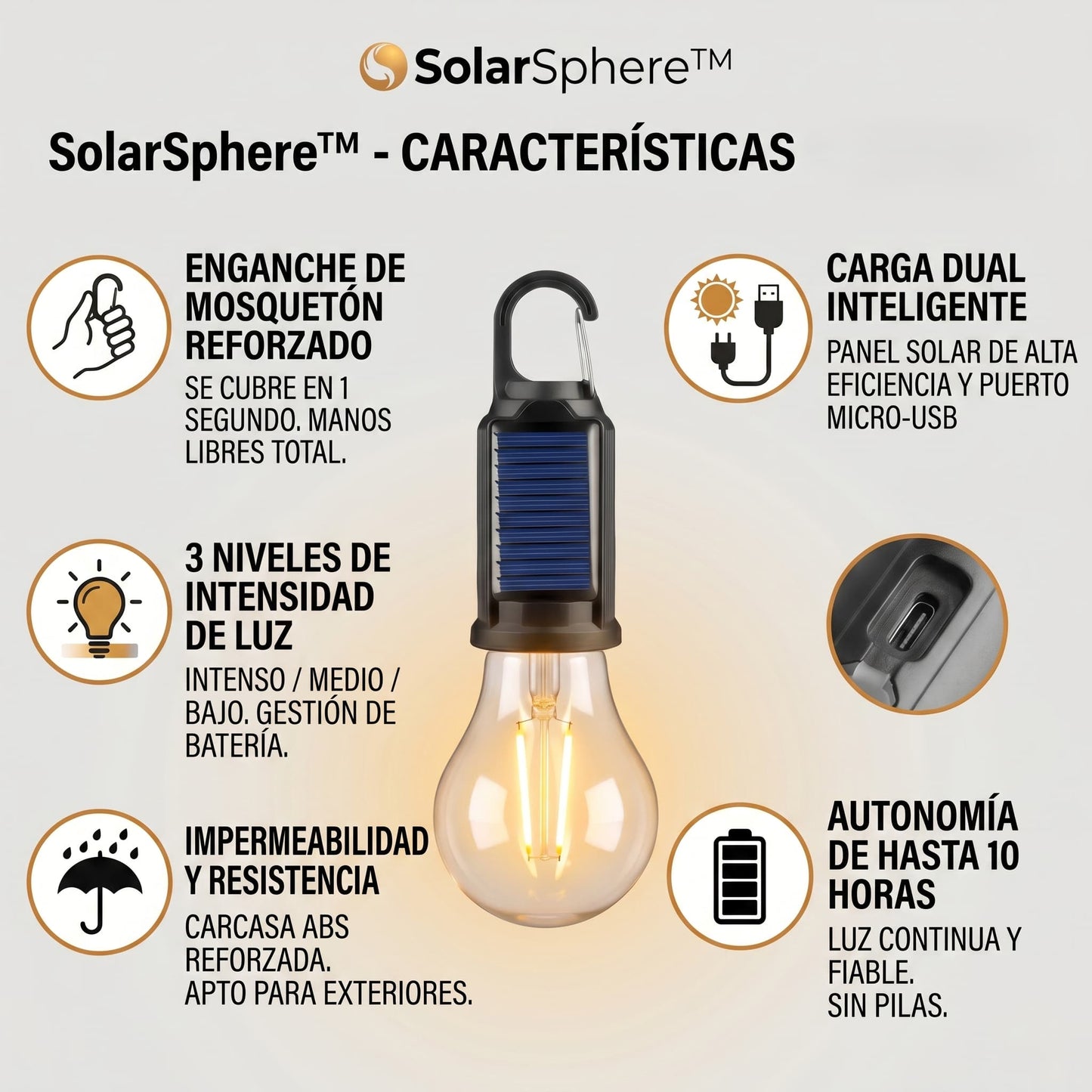 SolarSphere™ – Bombilla Solar Portátil con Enganche